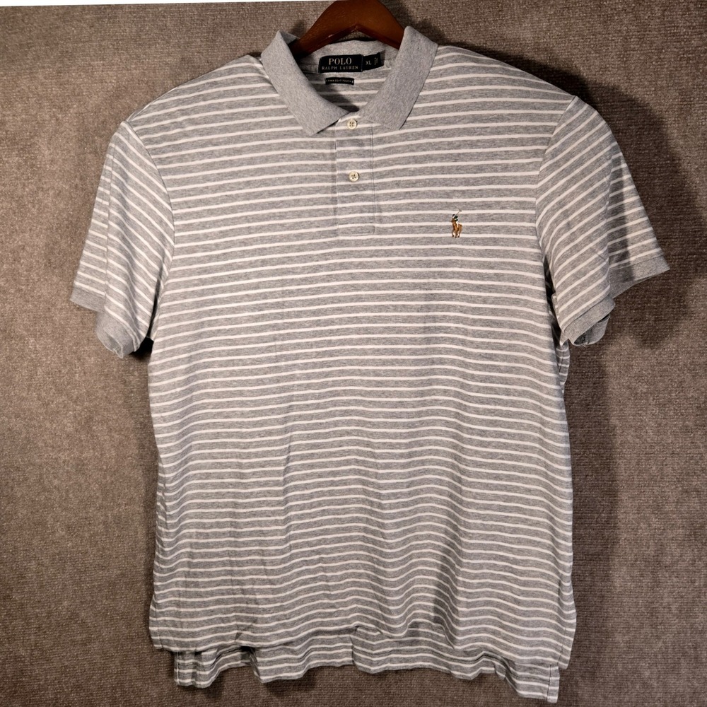 Polo Ralph Lauren Mens XL Pima Soft Touch Striped Polo Shirt Grey‎ White Cotton
